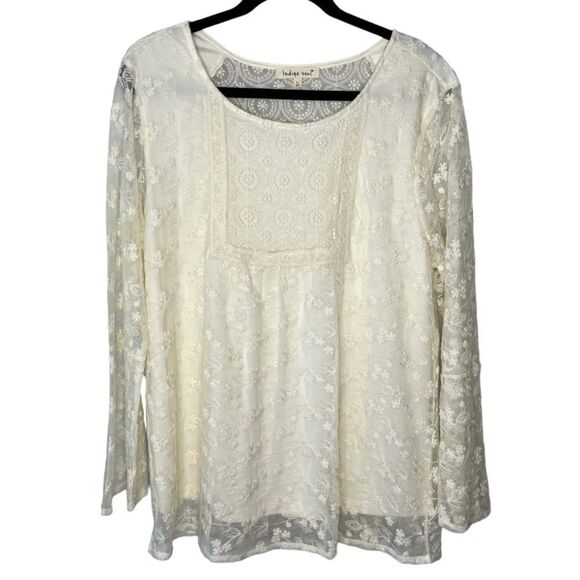 Indigo Soul Women’s L Lace Overlay Bell Sleeve Blouse - Picture 2 of 8